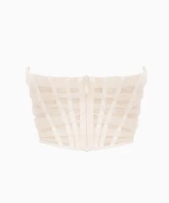 Trendy & Unique Sheer Style Asymmetrical Ruched Strapless Mesh Corset Top - Ivory