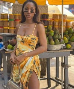 Trendy & Unique Asymmetrical Slit Ruched Side Bustier Satin Slip Midi Dress - Yellow