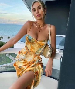Trendy & Unique Asymmetrical Slit Ruched Side Bustier Satin Slip Midi Dress - Yellow