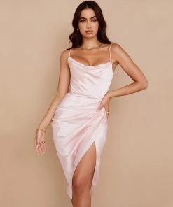 Trendy & Unique Asymmetrical Split Cowl Neck Ruched Satin Slip Midi Dress - Pink