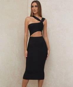 Trendy & Unique What's New Asymmetrical Suspender Strap Cut Out Bodycon Party Midi Dress - Black 8 Trendy & Unique What's New Asymmetrical Suspender Strap Cut Out Bodycon Party Midi Dress - Black