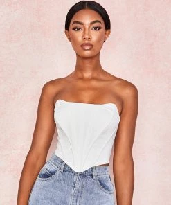 Trendy & Unique Chic Asymmetrical Sweetheart Neck Zip Back Boned Corset Top - White