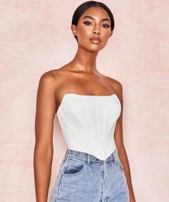 Trendy & Unique Chic Asymmetrical Sweetheart Neck Zip Back Boned Corset Top - White