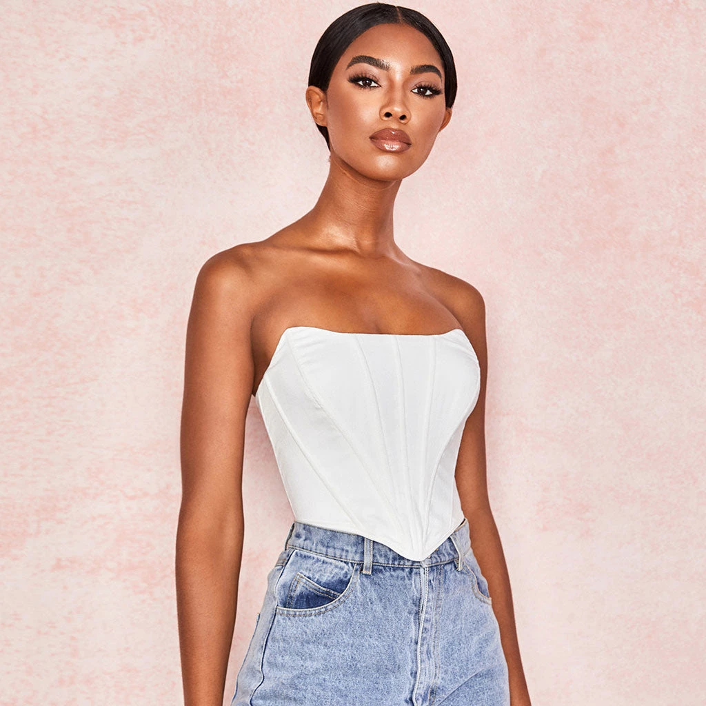 Trendy & Unique Chic Asymmetrical Sweetheart Neck Zip Back Boned Corset Top - White 4 Trendy & Unique Chic Asymmetrical Sweetheart Neck Zip Back Boned Corset Top - White