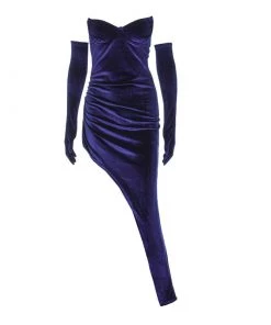 Trendy & Unique Asymmetrical Sweetheart Neck Strapless High Slit Velvet Cocktail Dress - Navy Blue What's New