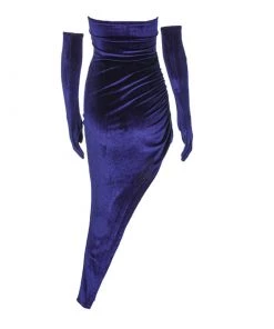 Trendy & Unique Asymmetrical Sweetheart Neck Strapless High Slit Velvet Cocktail Dress - Navy Blue What's New
