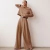 Trendy & Unique What's New Athflow Long Sleeve Crop Top Wide Leg Pant Matching Set - Coffee