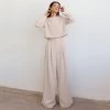 Trendy & Unique Athflow Long Sleeve Crop Top Wide Leg Pant Matching Set - Khaki What's New