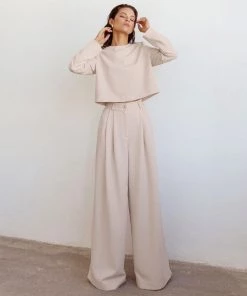 Trendy & Unique Athflow Long Sleeve Crop Top Wide Leg Pant Matching Set - Khaki What's New