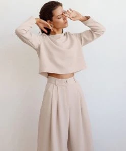 Trendy & Unique Athflow Long Sleeve Crop Top Wide Leg Pant Matching Set - Khaki What's New
