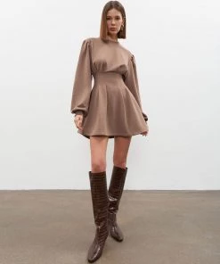 Trendy & Unique Athflow Long Sleeve Gathered Waist Sweatshirt Mini Dress - Coffee