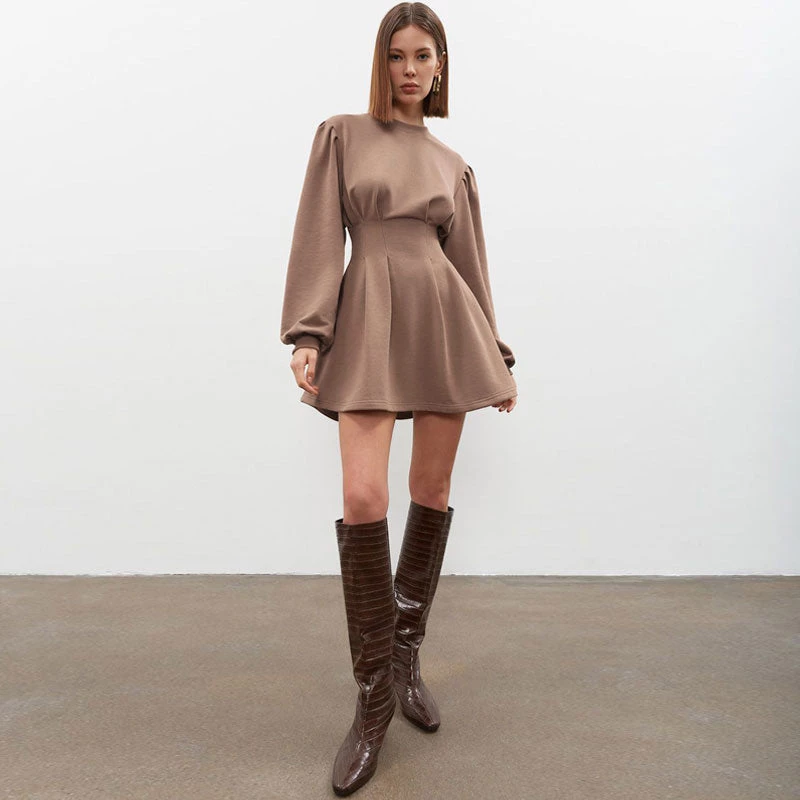 Trendy & Unique Athflow Long Sleeve Gathered Waist Sweatshirt Mini Dress - Coffee 3 Trendy & Unique Athflow Long Sleeve Gathered Waist Sweatshirt Mini Dress - Coffee