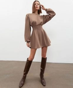 Trendy & Unique Athflow Long Sleeve Gathered Waist Sweatshirt Mini Dress - Coffee
