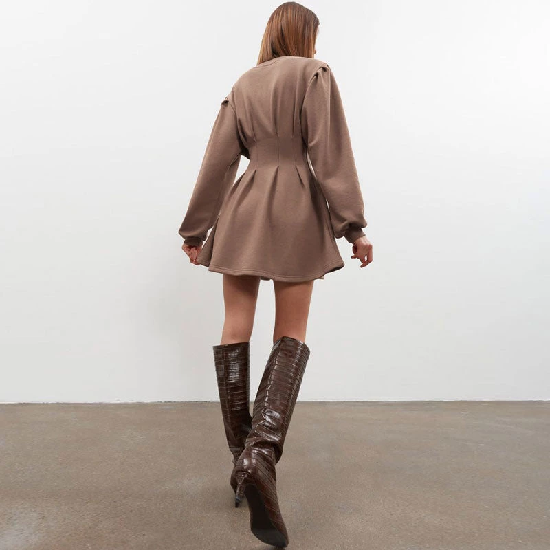 Trendy & Unique Athflow Long Sleeve Gathered Waist Sweatshirt Mini Dress - Coffee 5 Trendy & Unique Athflow Long Sleeve Gathered Waist Sweatshirt Mini Dress - Coffee