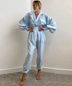 Trendy & Unique What's New Athflow Peak Lapel Long Sleeve Linen Blazer Matching Set - Blue