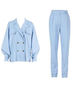 Trendy & Unique What's New Athflow Peak Lapel Long Sleeve Linen Blazer Matching Set - Blue