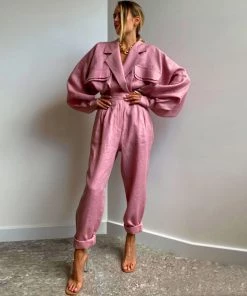 Trendy & Unique What's New Athflow Peak Lapel Long Sleeve Linen Blazer Matching Set - Pink