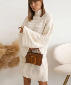 Trendy & Unique Athflow Rib High Neck Long Sleeve Pullover Sweater Mini Dress - White What's New