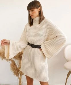 Trendy & Unique Athflow Rib High Neck Long Sleeve Pullover Sweater Mini Dress - White What's New