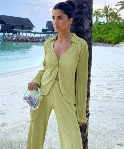 Trendy & Unique Athflow Shirred Blouse Wide Leg Pant Matching Set - Sage Green