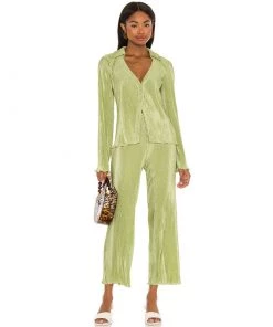 Trendy & Unique Athflow Shirred Blouse Wide Leg Pant Matching Set - Sage Green