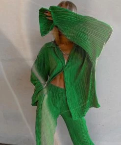Trendy & Unique Athflow Shirred Long Sleeve Blouse Wide Leg Pant Matching Set - Green What's New