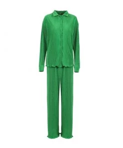 Trendy & Unique Athflow Shirred Long Sleeve Blouse Wide Leg Pant Matching Set - Green What's New