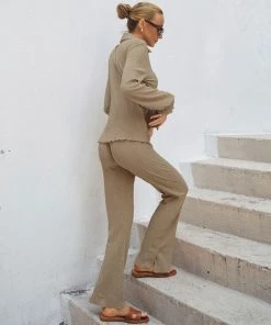 Trendy & Unique What's New Athflow Shirred Long Sleeve Wide Leg Pant Matching Set - Khaki