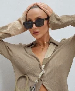 Trendy & Unique What's New Athflow Shirred Long Sleeve Wide Leg Pant Matching Set - Khaki