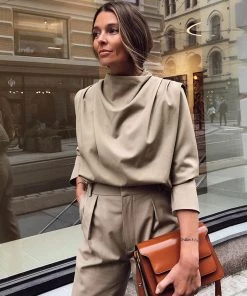 Trendy & Unique Athflow Solid Color Draped High Neck Long Sleeve Top - Khaki