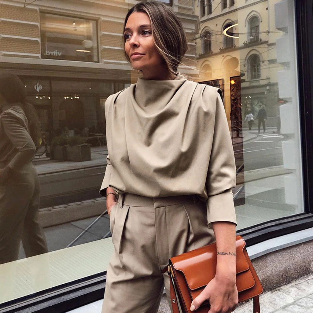 Trendy & Unique Athflow Solid Color Draped High Neck Long Sleeve Top - Khaki 4 Trendy & Unique Athflow Solid Color Draped High Neck Long Sleeve Top - Khaki