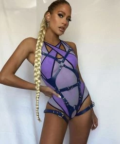 Trendy & Unique Athletic Contrast Suspender Strap Crisscross Mesh Bodysuit - Purple What's New