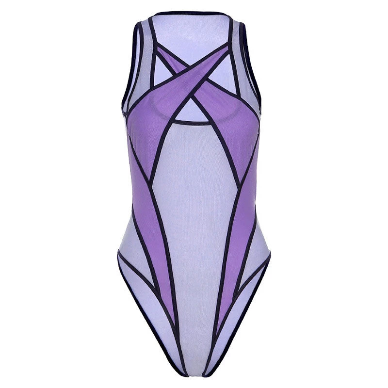 Trendy & Unique Athletic Contrast Suspender Strap Crisscross Mesh Bodysuit - Purple What's New 6 Trendy & Unique Athletic Contrast Suspender Strap Crisscross Mesh Bodysuit - Purple What's New