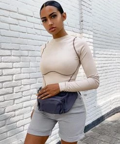 Trendy & Unique Athletic Crew Neck Contrast Seamed Long Sleeve Bodysuit - Apricot What's New