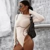 Trendy & Unique Athletic Crew Neck Contrast Seamed Long Sleeve Bodysuit - Apricot What's New