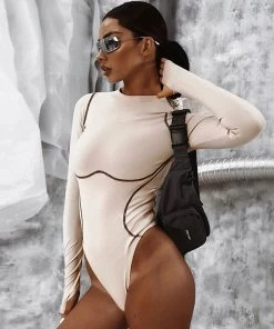 Trendy & Unique Athletic Crew Neck Contrast Seamed Long Sleeve Bodysuit - Apricot What's New