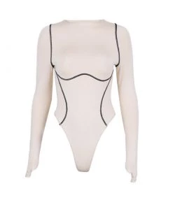 Trendy & Unique Athletic Crew Neck Contrast Seamed Long Sleeve Bodysuit - Apricot What's New
