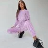Trendy & Unique Athletic Crew Neck Long Sleeve Drawstring Velvet Jogger Jumpsuit - Lilac