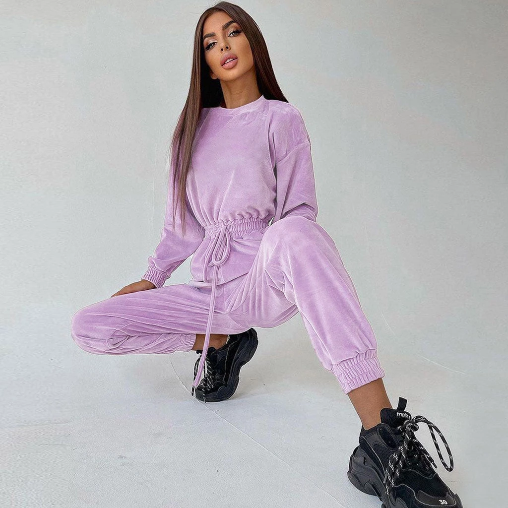 Trendy & Unique Athletic Crew Neck Long Sleeve Drawstring Velvet Jogger Jumpsuit - Lilac 3 Trendy & Unique Athletic Crew Neck Long Sleeve Drawstring Velvet Jogger Jumpsuit - Lilac