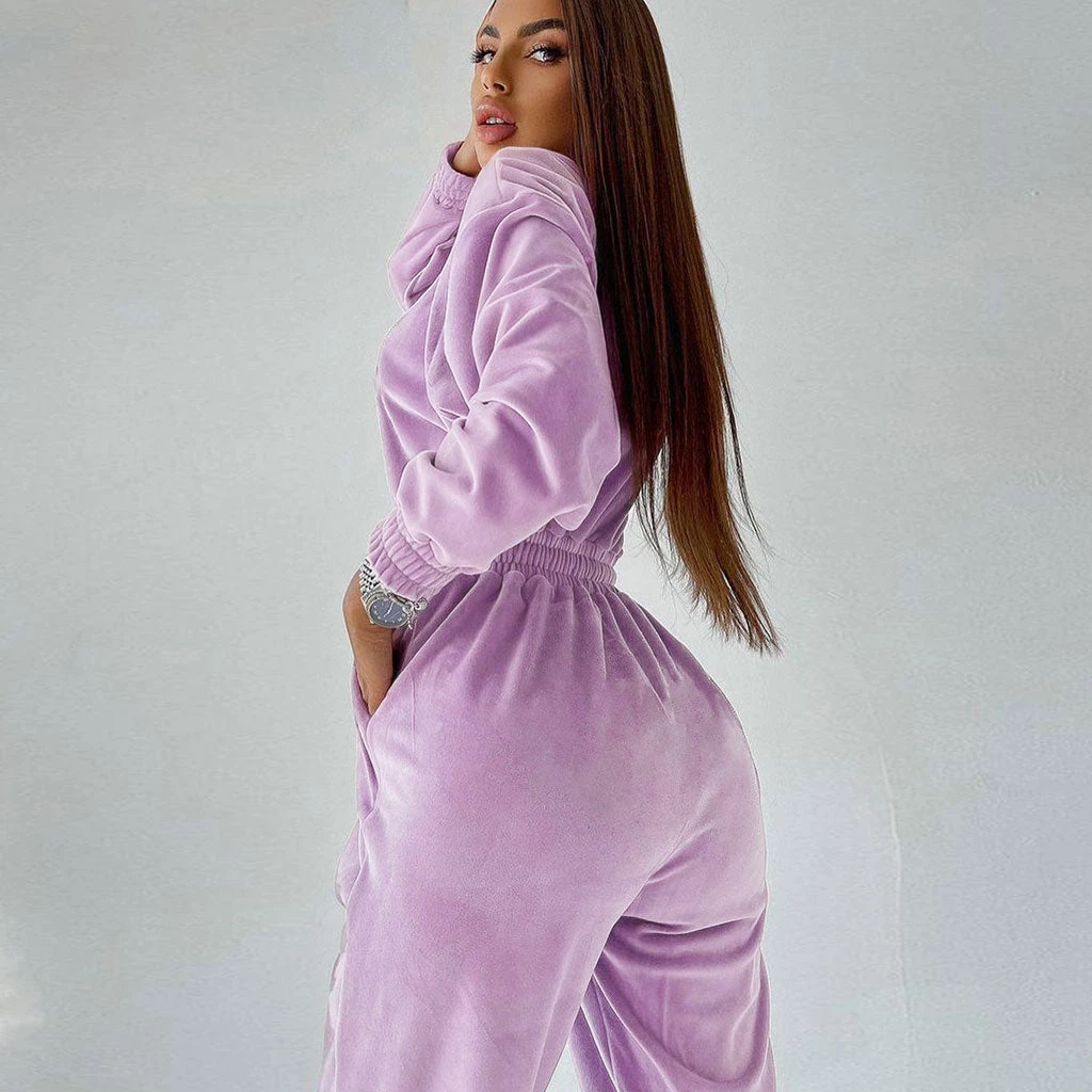 Trendy & Unique Athletic Crew Neck Long Sleeve Drawstring Velvet Jogger Jumpsuit - Lilac 4 Trendy & Unique Athletic Crew Neck Long Sleeve Drawstring Velvet Jogger Jumpsuit - Lilac