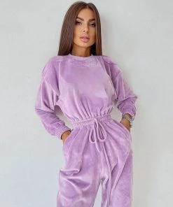 Trendy & Unique Athletic Crew Neck Long Sleeve Drawstring Velvet Jogger Jumpsuit - Lilac 7 Trendy & Unique Athletic Crew Neck Long Sleeve Drawstring Velvet Jogger Jumpsuit - Lilac