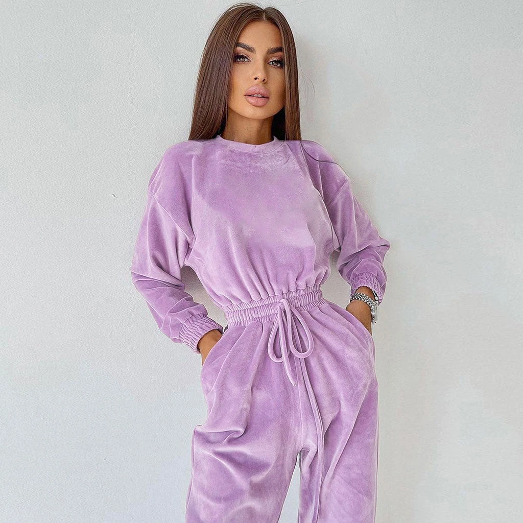 Trendy & Unique Athletic Crew Neck Long Sleeve Drawstring Velvet Jogger Jumpsuit - Lilac 5 Trendy & Unique Athletic Crew Neck Long Sleeve Drawstring Velvet Jogger Jumpsuit - Lilac