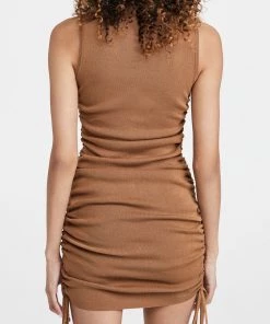 Trendy & Unique Athletic Drawstring Side Ruched Rib Knit Sleeveless Mini Dress - Coffee What's New