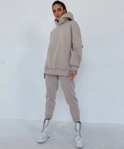 Trendy & Unique Athletic Drop Shoulder Long Sleeve Hoodie Matching Set - Beige