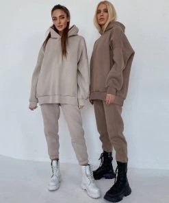 Trendy & Unique Athletic Drop Shoulder Long Sleeve Hoodie Matching Set - Beige