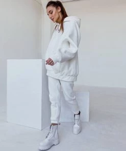 Trendy & Unique Clothing Athletic Drop Shoulder Long Sleeve Hoodie Matching Set - White