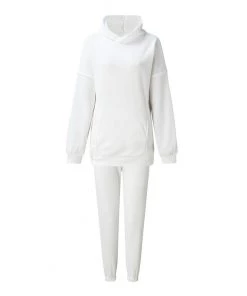 Trendy & Unique Clothing Athletic Drop Shoulder Long Sleeve Hoodie Matching Set - White