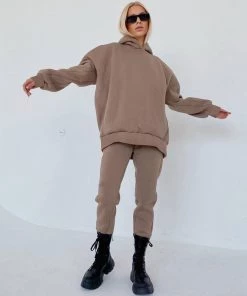 Trendy & Unique Clothing Athletic Drop Shoulder Long Sleeve Hoodie Matching Set - Coffee