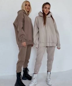 Trendy & Unique Clothing Athletic Drop Shoulder Long Sleeve Hoodie Matching Set - Coffee
