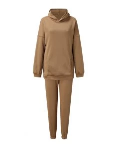 Trendy & Unique Clothing Athletic Drop Shoulder Long Sleeve Hoodie Matching Set - Coffee